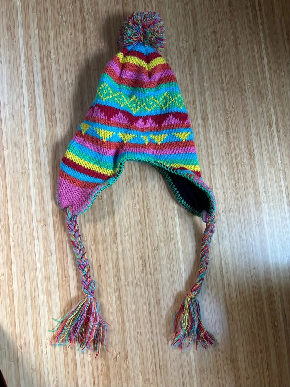 Multicolor Earflap Knit Beanie Hat with Pom Pom